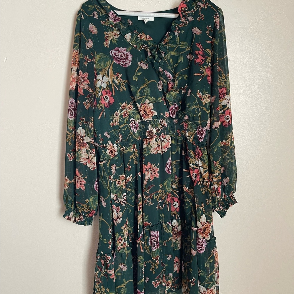 Maurices Dark Green Floral Midi Dress with Long Sleeves